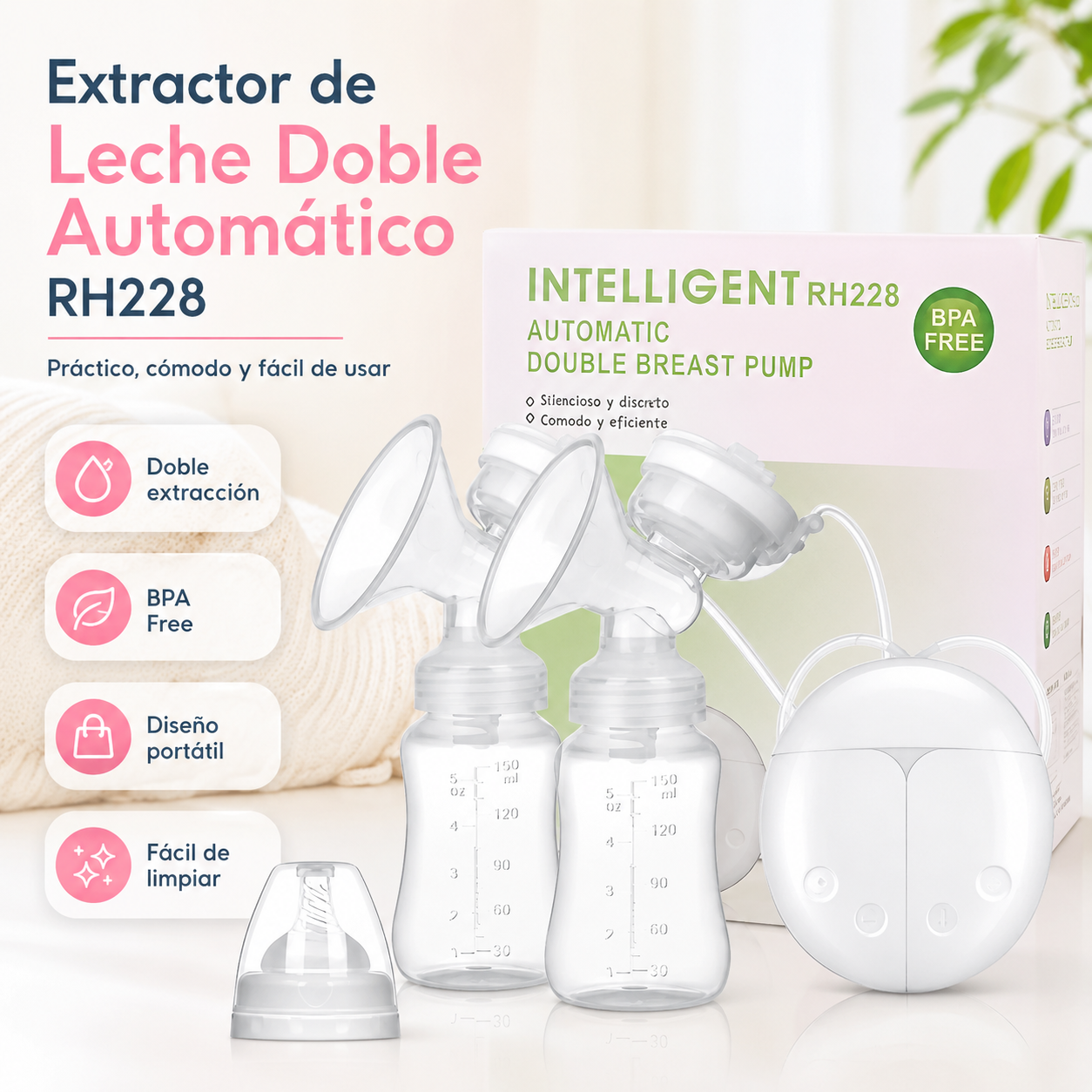 Extractor de Leche Eléctrico Doble Automático - Sacaleches Portátil con Modo Masaje y 2 Biberones