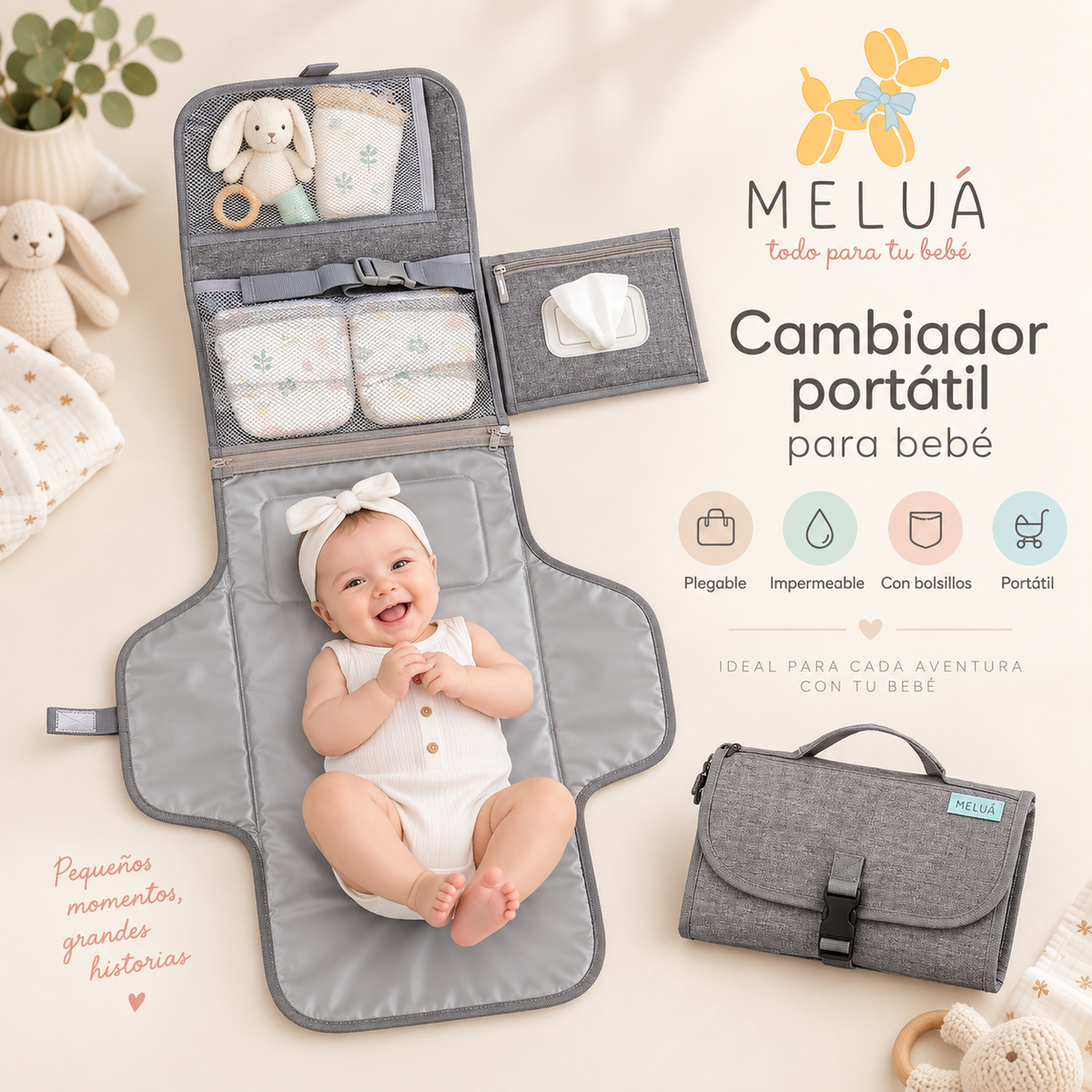 Cambiador Portátil para Bebé Impermeable con Bolsillos | MELUÁ