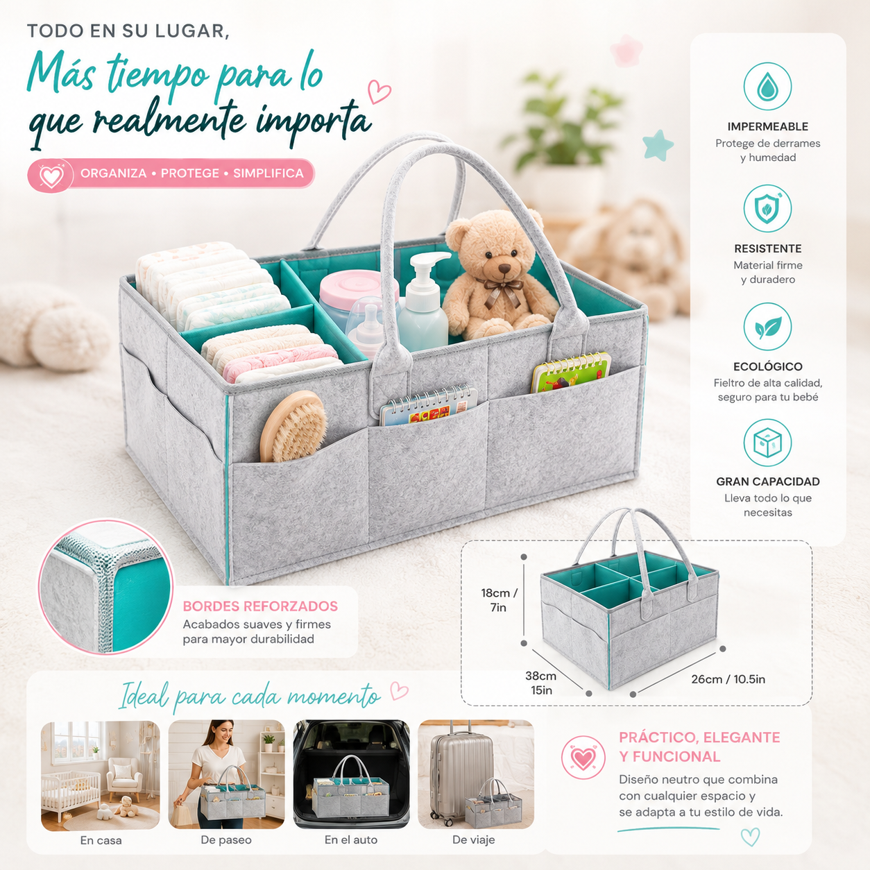 Organizador de Pañales Portátil - Cesta Pañalera con Asas para Bebé, Multiusos e Impermeable