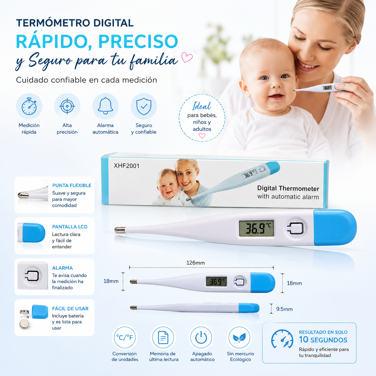 Termómetro Digital de Axila para Bebé - Medición Rápida en 8 Segundos con Alarma de Fiebre