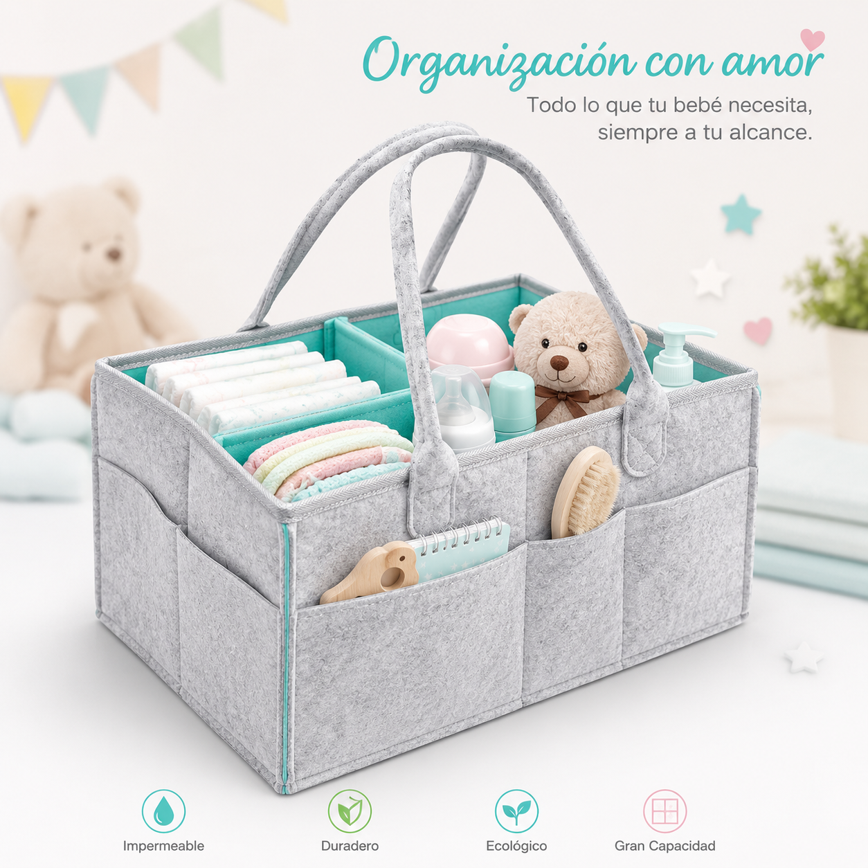 Organizador de Pañales Portátil - Cesta Pañalera con Asas para Bebé, Multiusos e Impermeable