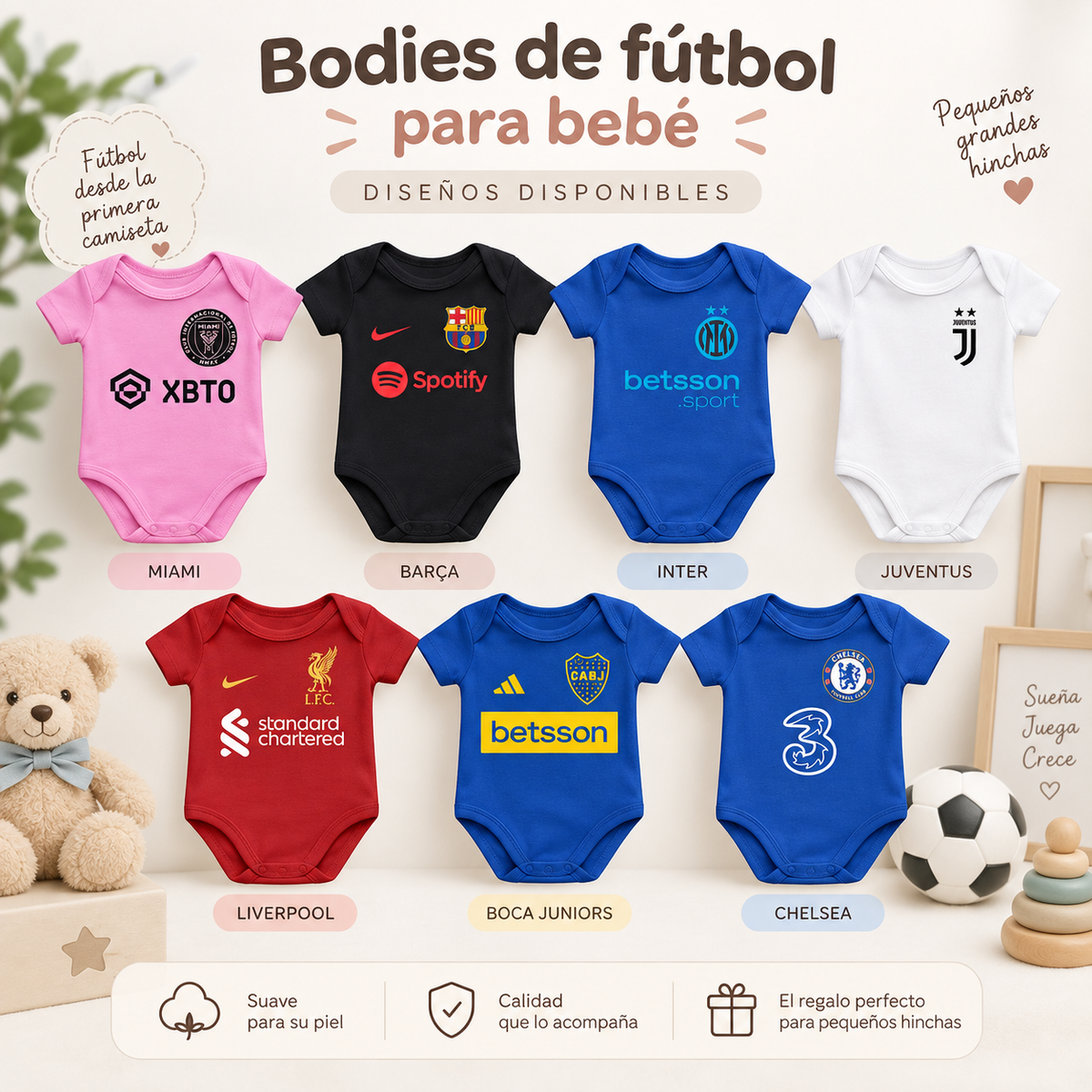 Mameluco Body para Bebé de Equipos de Fútbol 0-24 Meses | MELUÁ
