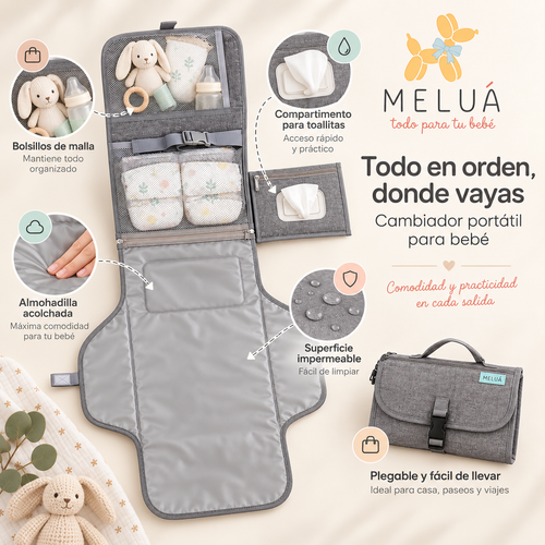 Cambiador Portátil para Bebé Impermeable con Bolsillos | MELUÁ