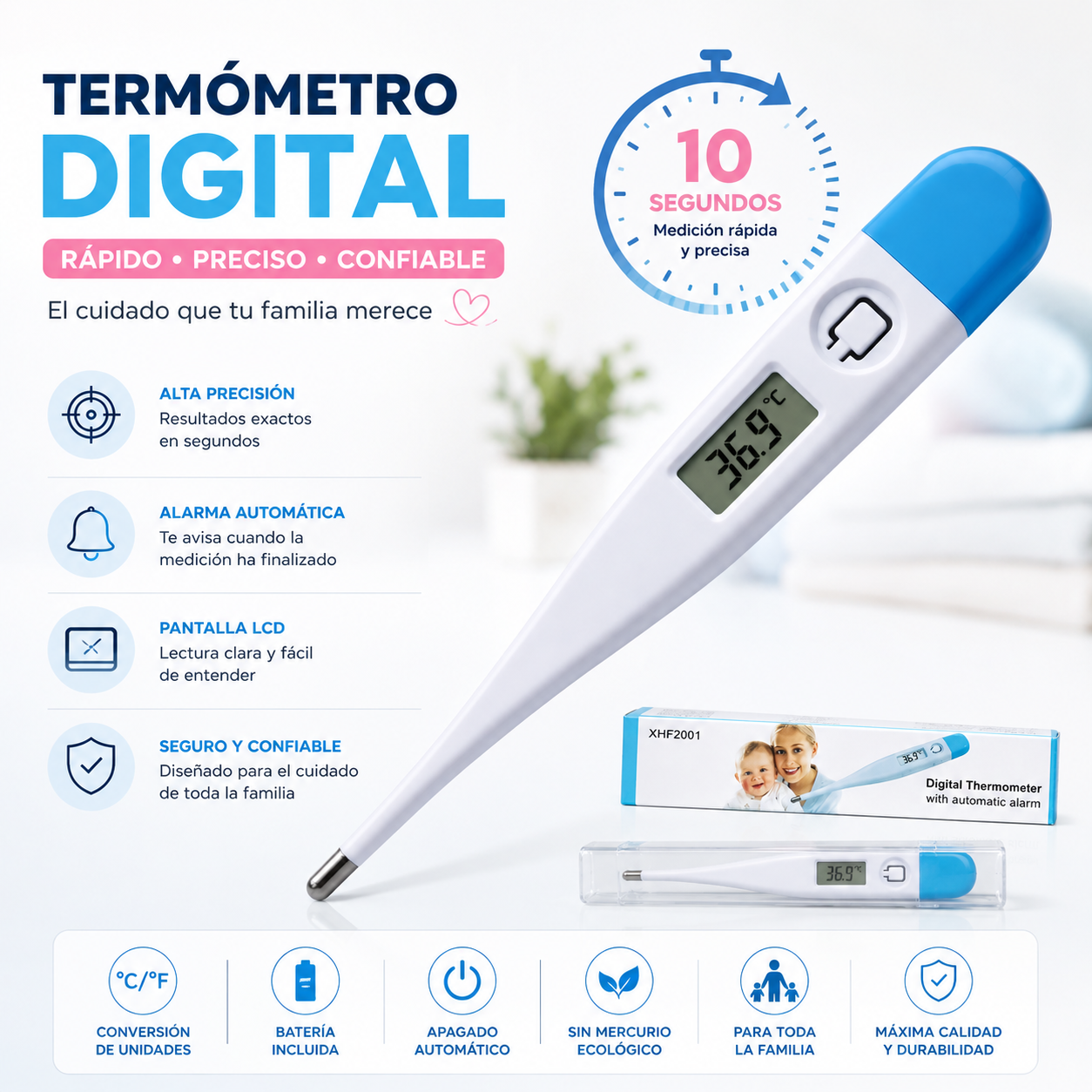 Termómetro Digital de Axila para Bebé - Medición Rápida en 8 Segundos con Alarma de Fiebre