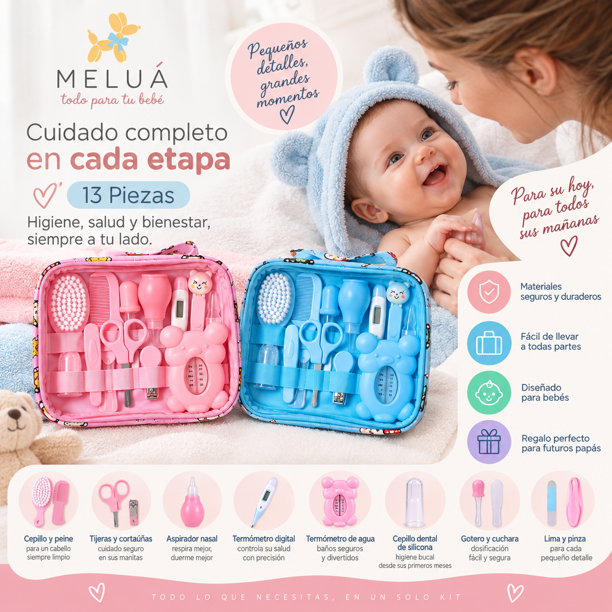 Kit de Aseo para Bebé 13 Piezas con Estuche | Meluá