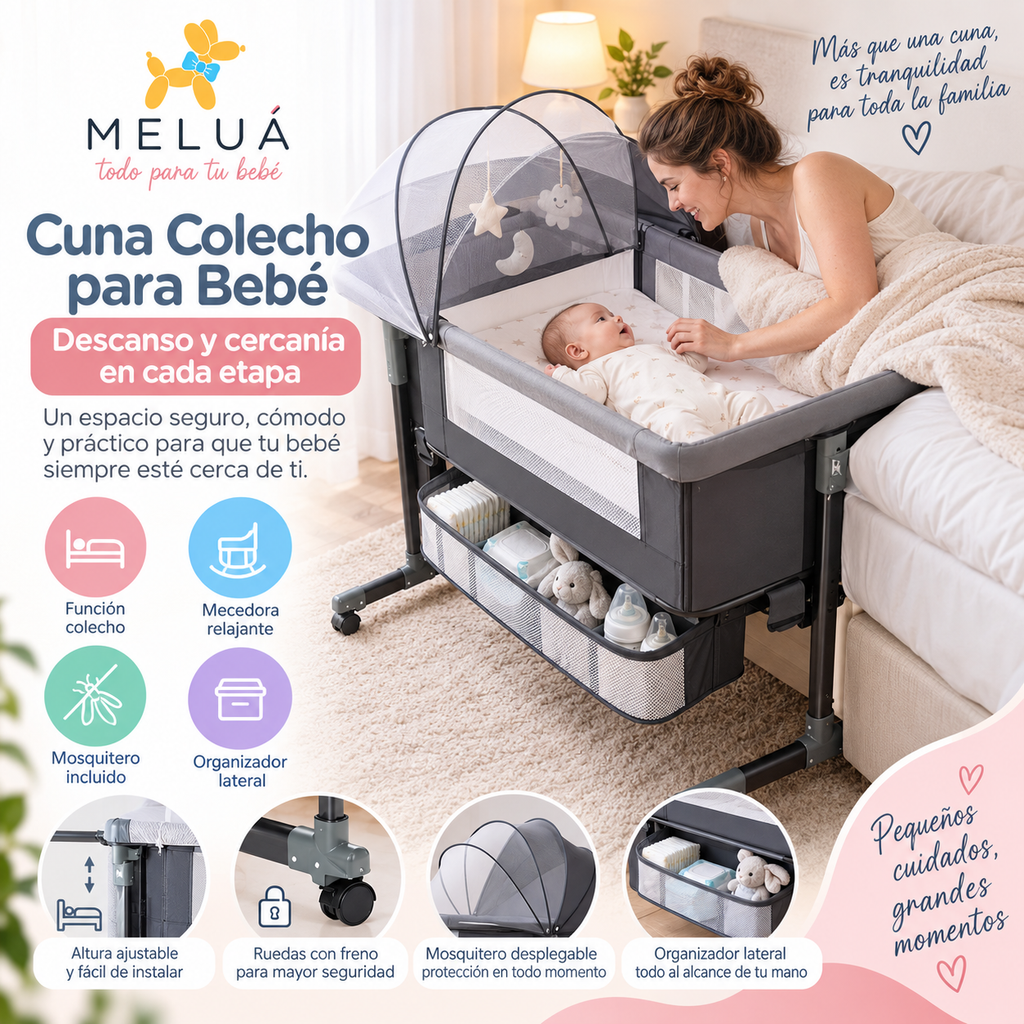 Cuna Colecho para Bebé con Mosquitero, Mecedora, Ruedas con Freno y Organizador