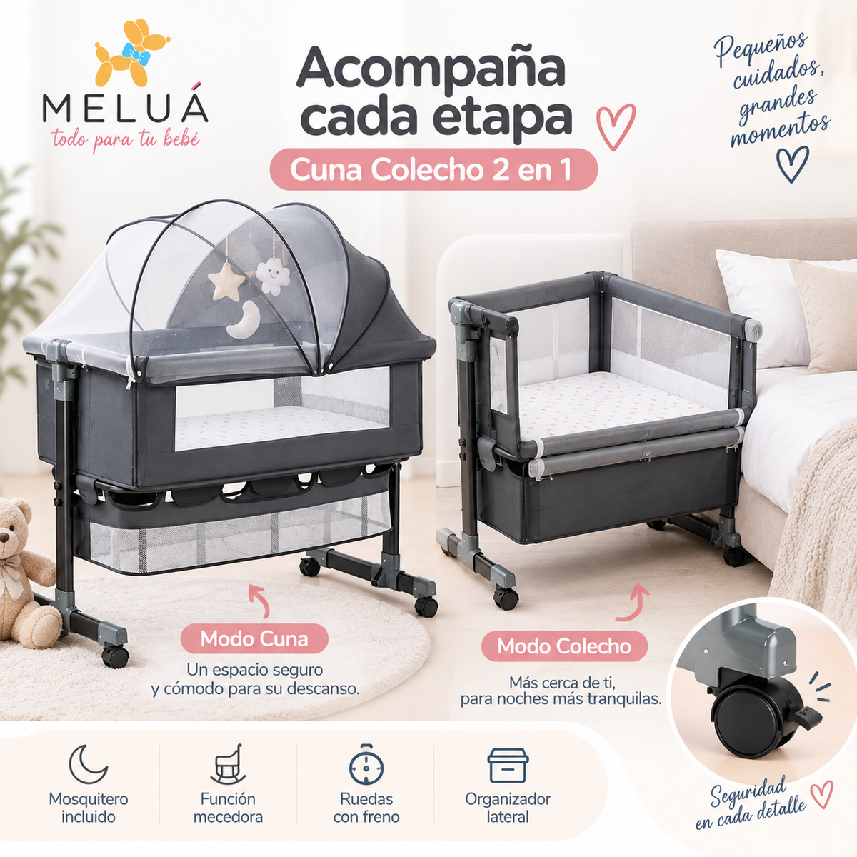 Cuna Colecho para Bebé con Mosquitero, Mecedora, Ruedas con Freno y Organizador