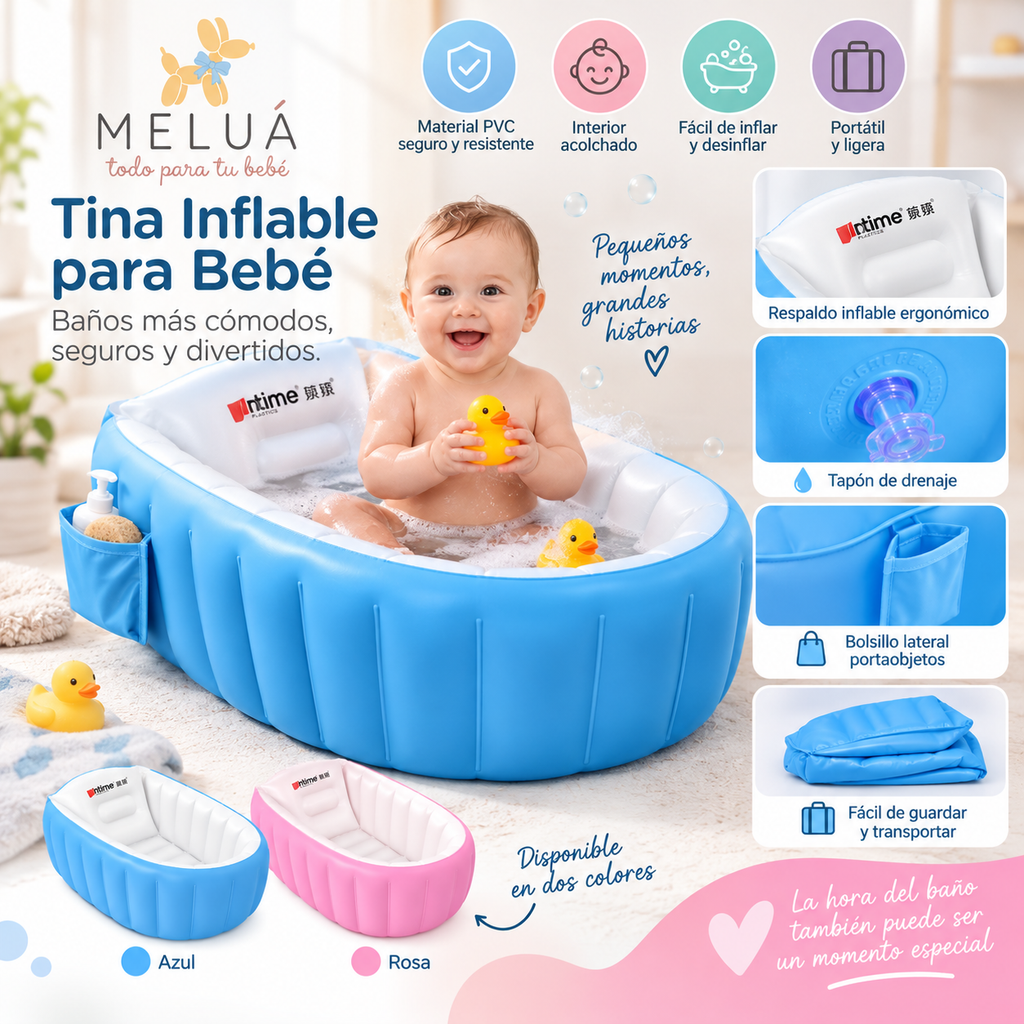 Tina Inflable para Bebé Acolchada y Portátil | Rosa y Azul