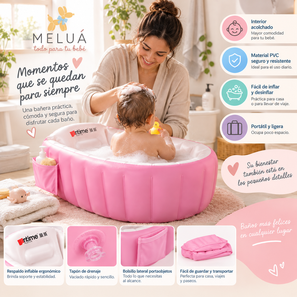 Tina Inflable para Bebé Acolchada y Portátil | Rosa y Azul