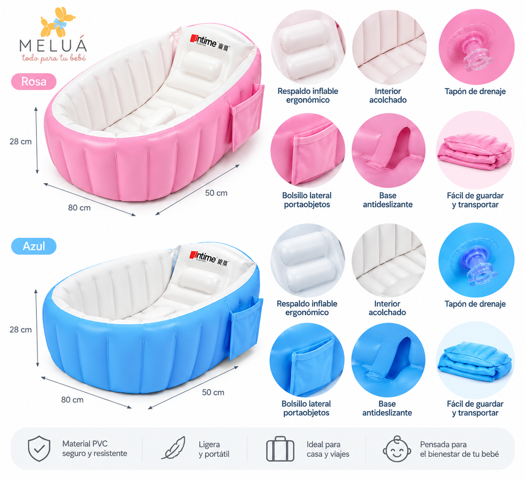 Tina Inflable para Bebé Acolchada y Portátil | Rosa y Azul