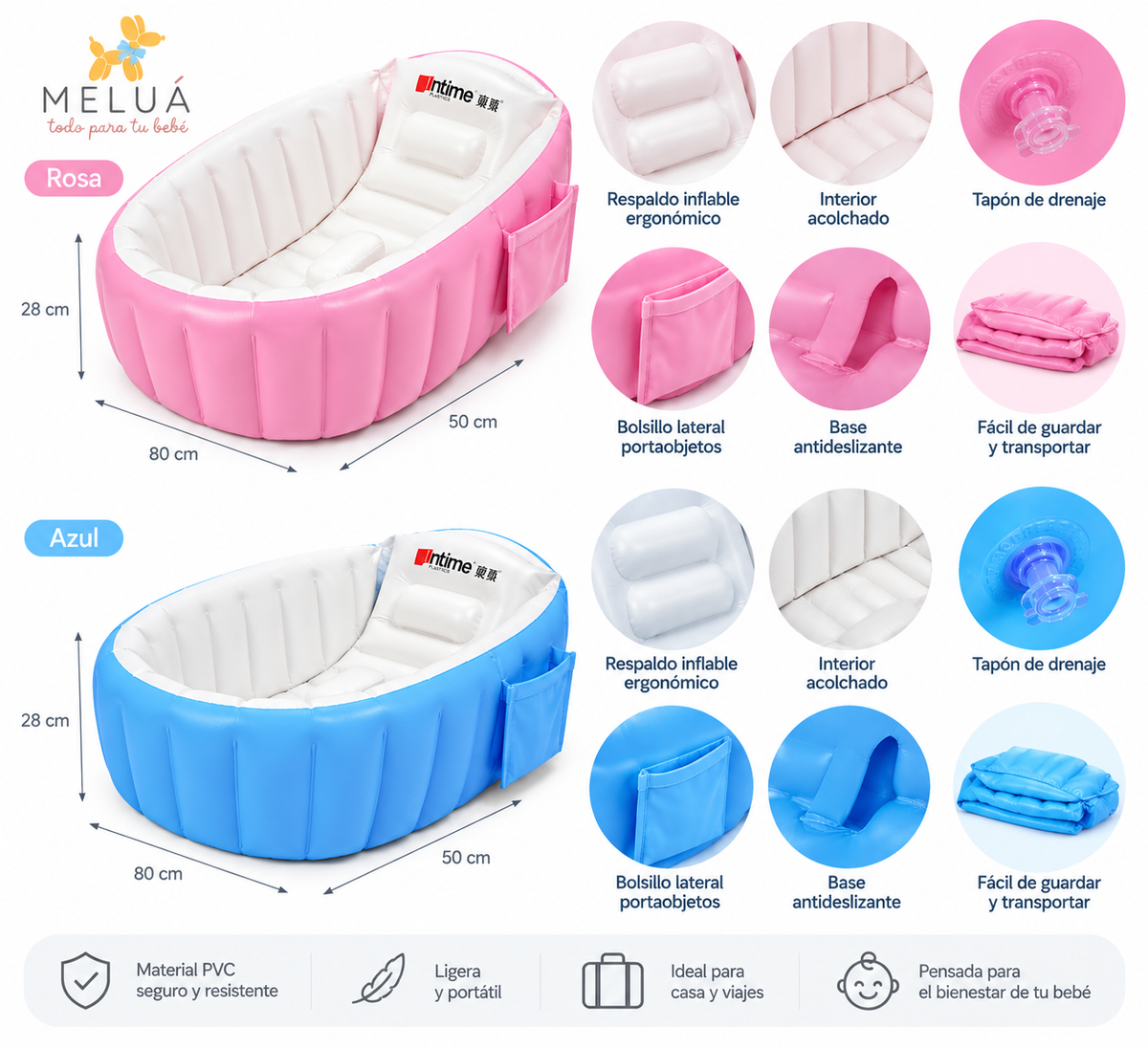 Tina Inflable para Bebé Acolchada y Portátil | Rosa y Azul
