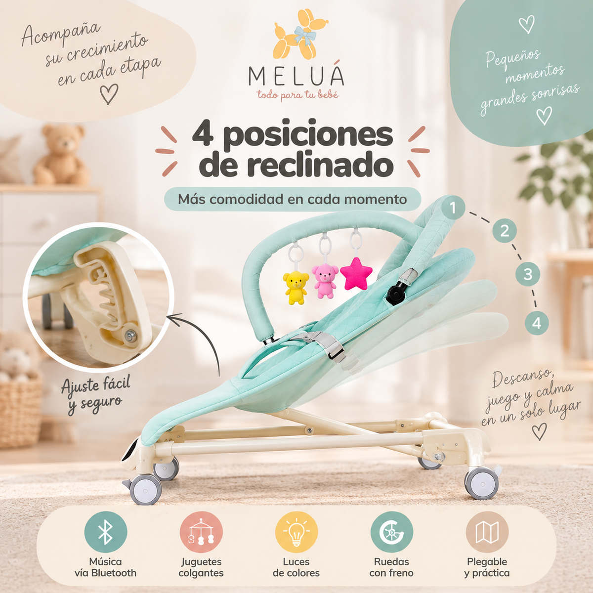 Hamaca Mecedora para Bebé con Bluetooth 4 en 1 | Meluá
