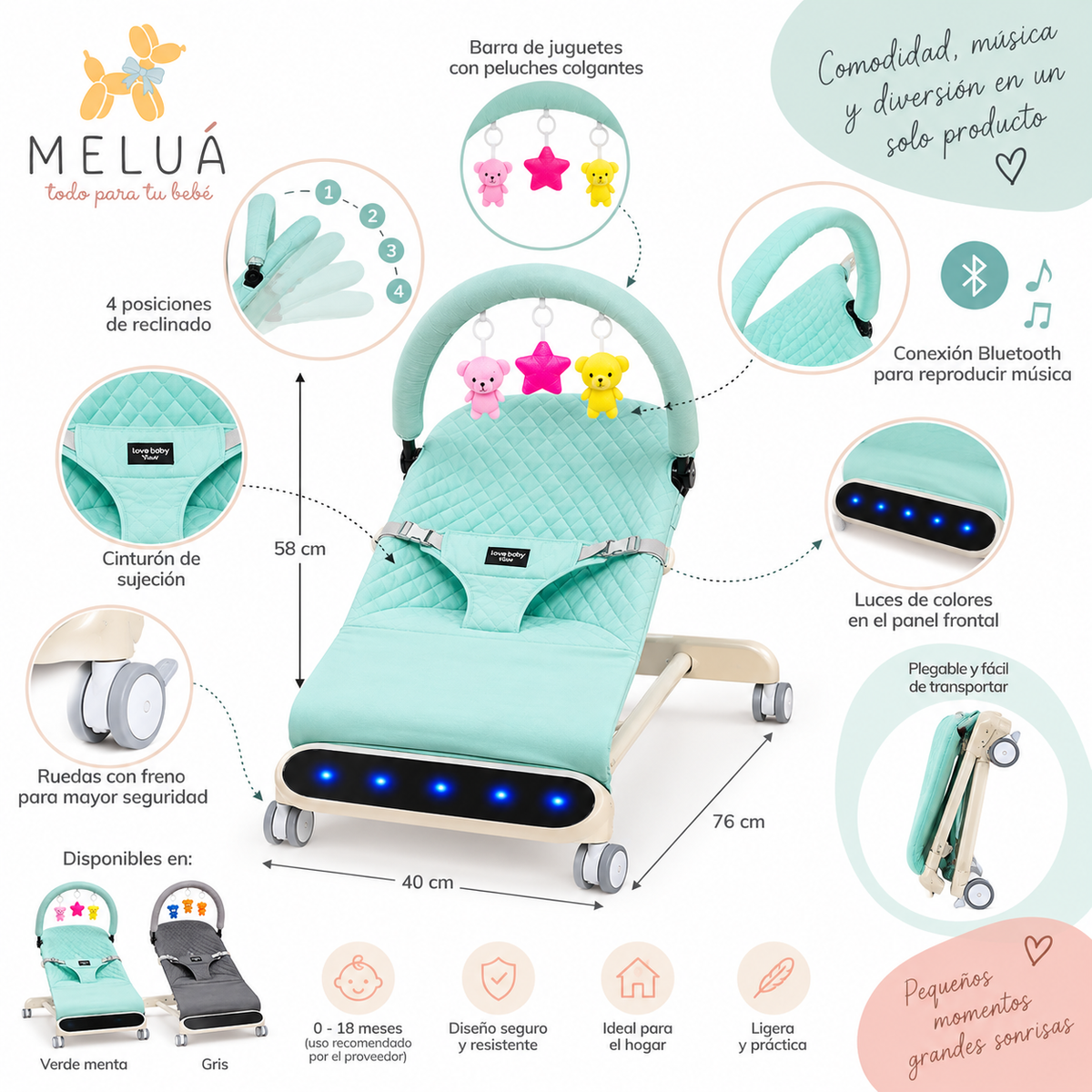 Hamaca Mecedora para Bebé con Bluetooth 4 en 1 | Meluá