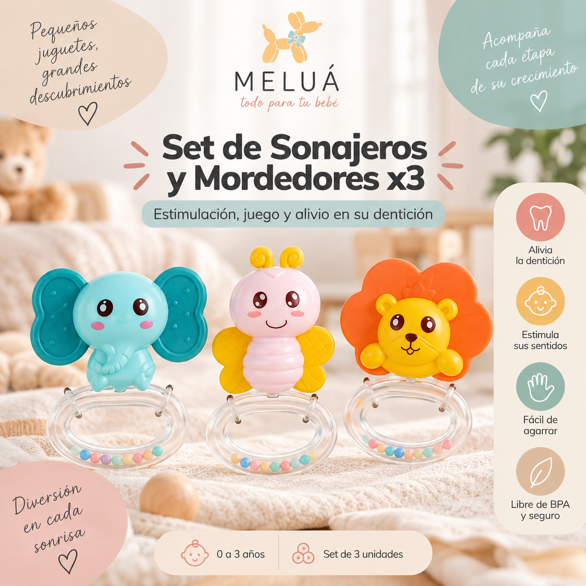 Sonajeros y Mordedores para Bebé x3 | MELUÁ