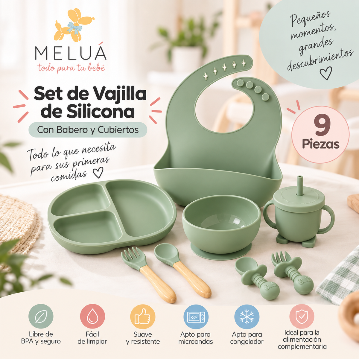 Vajilla de Silicona para Bebé con Babero y Cubiertos | MELUÁ