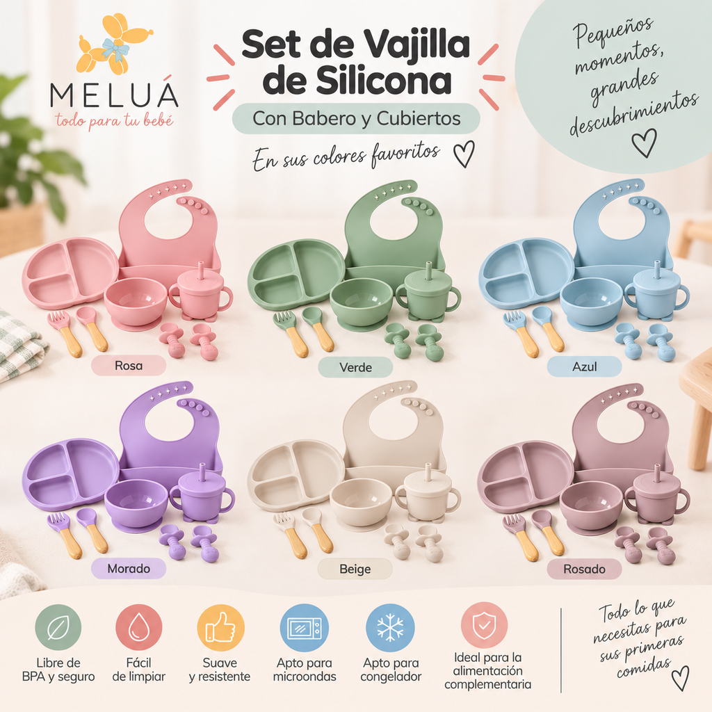 Vajilla de Silicona para Bebé con Babero y Cubiertos | MELUÁ