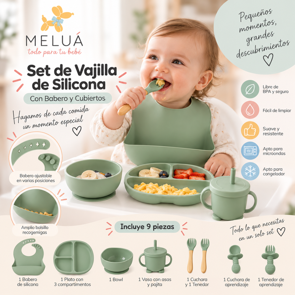 Vajilla de Silicona para Bebé con Babero y Cubiertos | MELUÁ