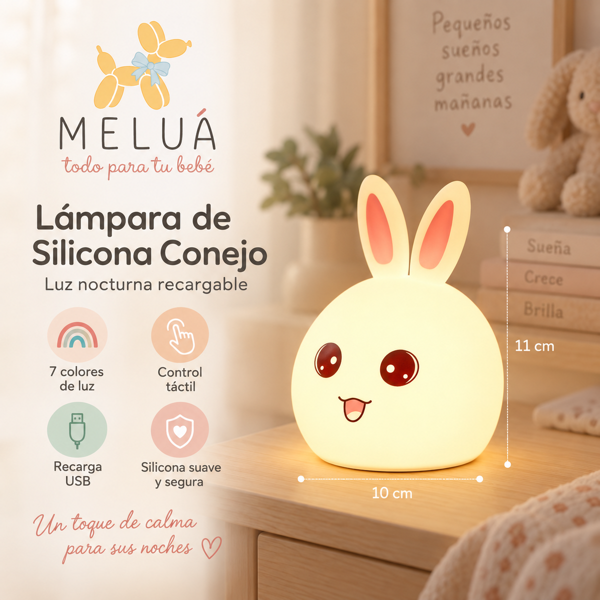 Lámpara Nocturna Conejo de Silicona 7 Colores Recargable USB