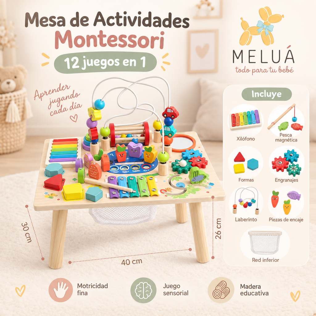 Mesa Montessori 12 en 1 de Madera para Niños | MELUÁ
