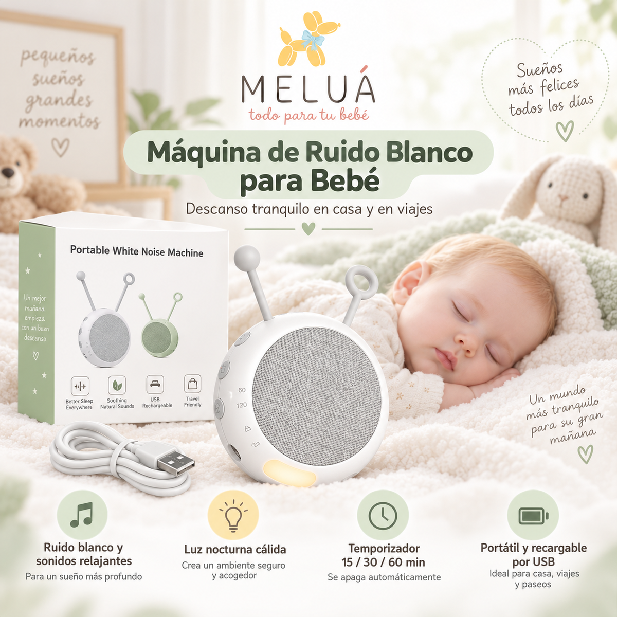 Máquina de Ruido Blanco para Bebé con Luz Nocturna | MELUÁ
