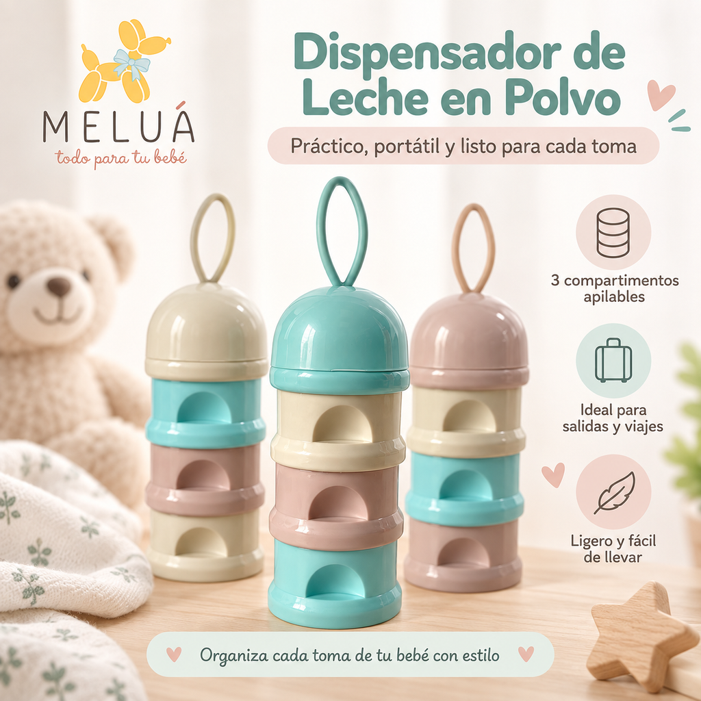 Dispensador Leche en Polvo para Bebé 3 Compartimentos | MELUÁ