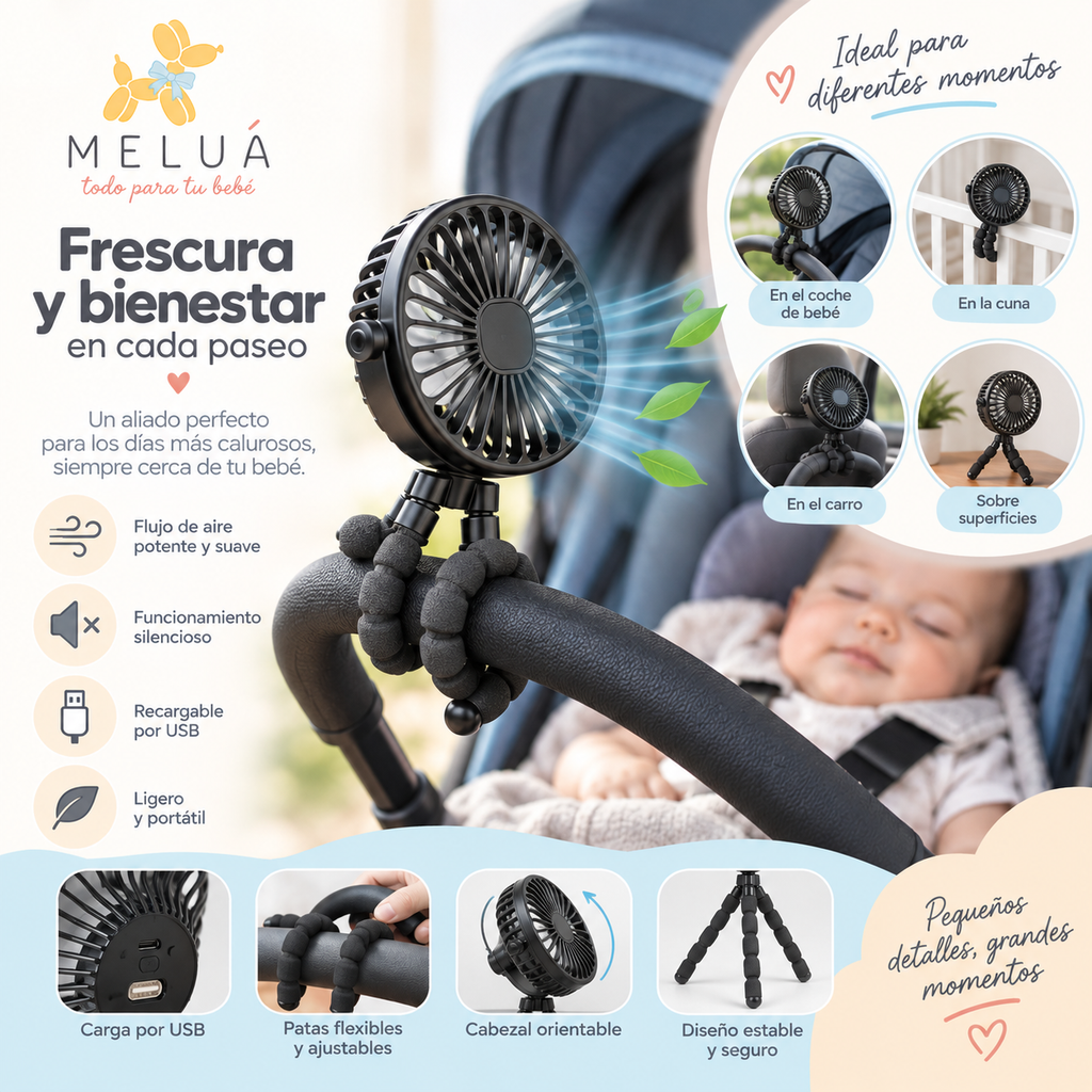 Ventilador para Coche de Bebé Portátil Recargable USB | MELUÁ
