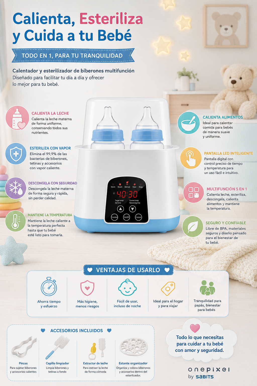 Esterilizador y Calentador de Teteros 5 en 1 con Pantalla LCD