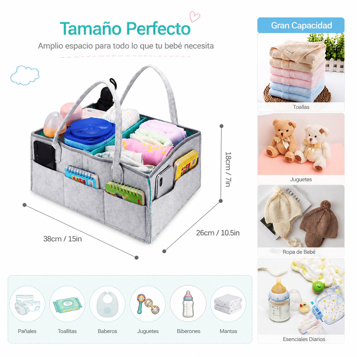 Organizador de Pañales Portátil - Cesta Pañalera con Asas para Bebé, Multiusos e Impermeable