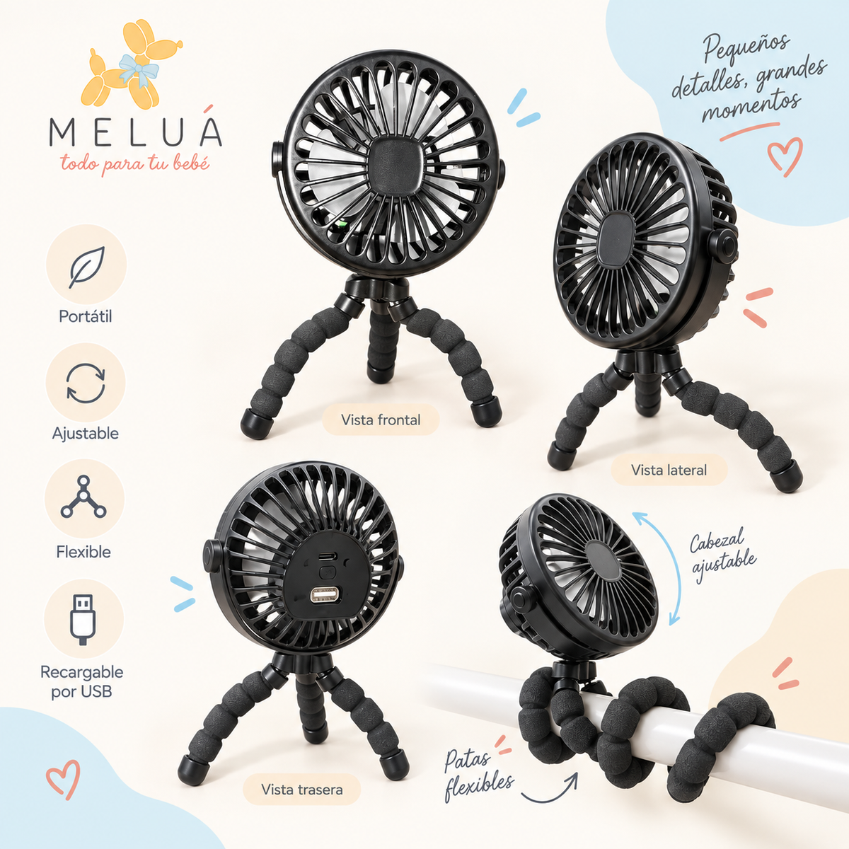 Ventilador para Coche de Bebé Portátil Recargable USB | MELUÁ